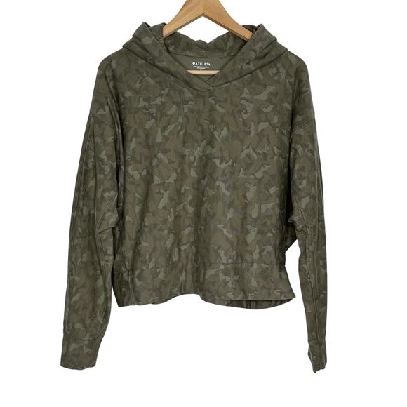 Athleta Farallon Printed Sweatshirt Women Large Green Hooded Cropped Athleisure - Picture 2 of 9